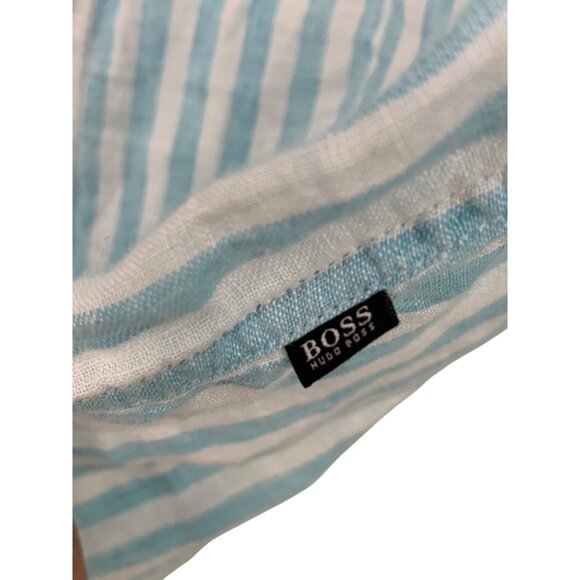 Mens Hugo Boss Blue Stripe 100% Linen Button-Up Sport Shirt M EUC 8881 Vacay - Picture 7 of 10